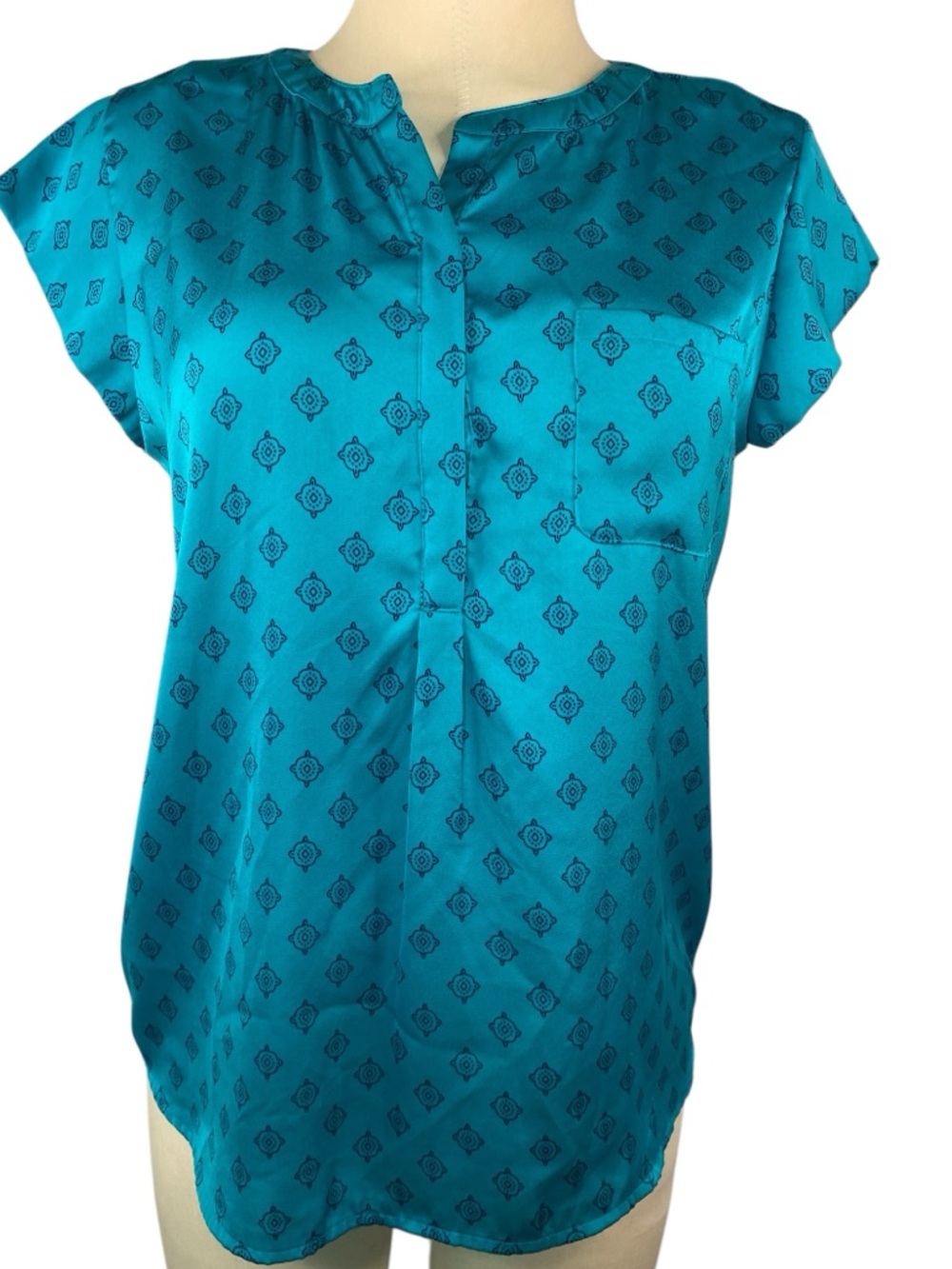 Liz Claiborne Teal Patterned Short Sleeve Blouse Women’s Small